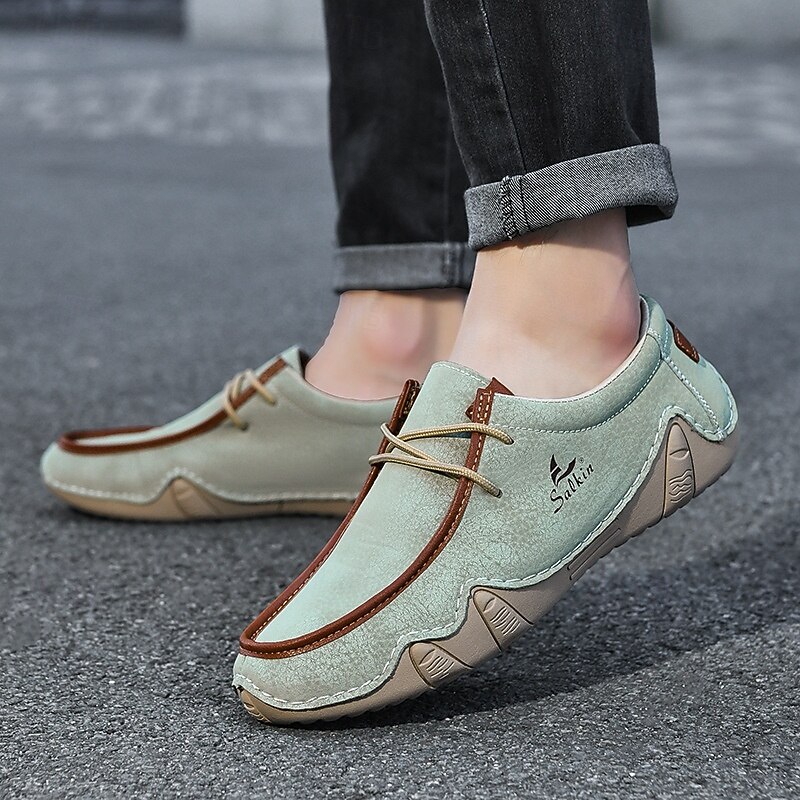 Men's Green Casual Faux Leather Loafers with Brown Accents and Hand-Stitched Detailing – Lightweight Slip-On Moccasin Shoes for Outdoor and Everyday Wear3