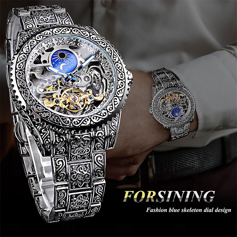 FORSINING Men Mechanical Watch Retro Vintage Luxury Large Dial Fashion Hollow Skeleton Automatic Self-winding Moon phase Luminous Stainless Steel Strap Watch2