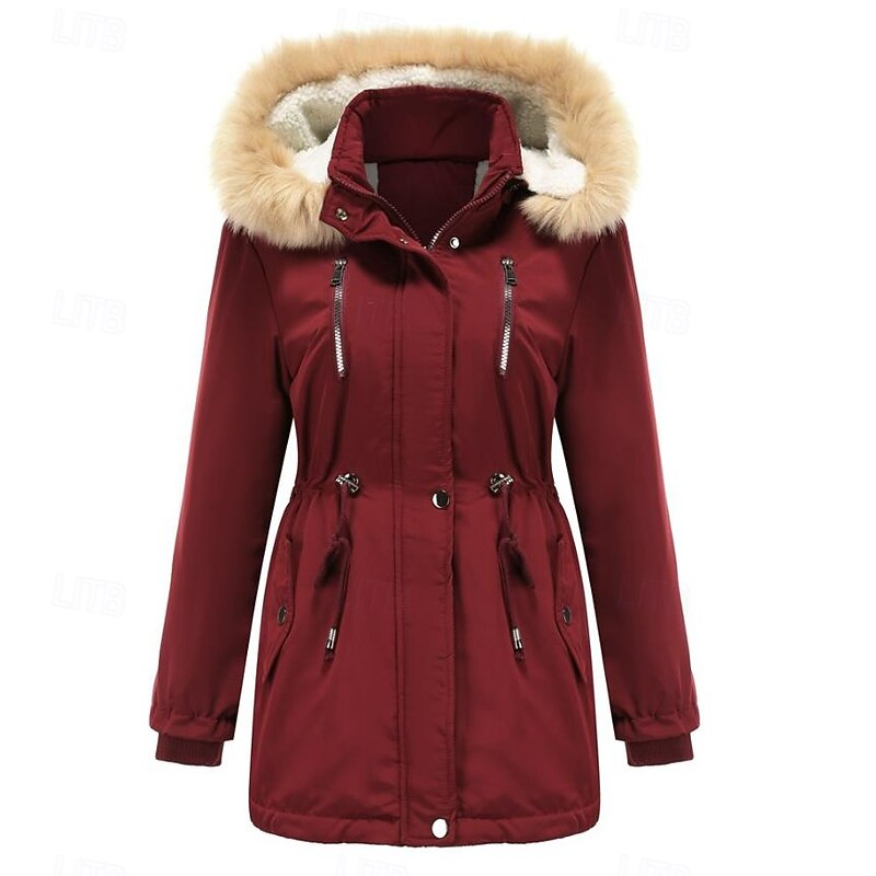 Women's Winter Coat Windproof Warm Zipper Buttons Outdoor Solid Color Work Casual Single Breasted Hoodie Loose Fit Long Sleeve Outerwear Black Pink Wine Winter2