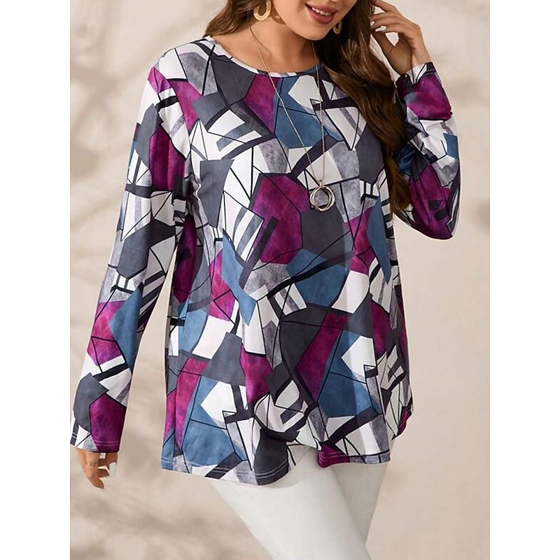 Women's Plus Size Tops T shirt Tee Color Block Print Long Sleeve Crew Neck Casual Daily Fall Winter Blue4