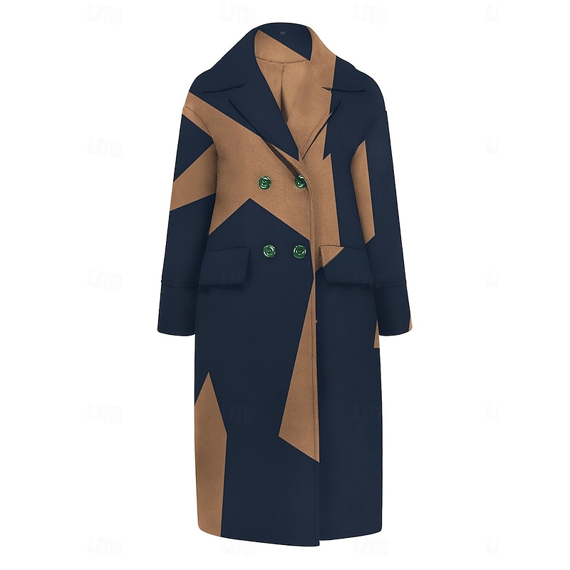 Women's Winter Coat Coat Cloak / Capes Windproof Warm Pocket Casual Street Style Color Block Vacation Work Street Daily Wear Single Breasted Turndown Loose Fit Long Sleeve Outerwear Blue Khaki Fall2