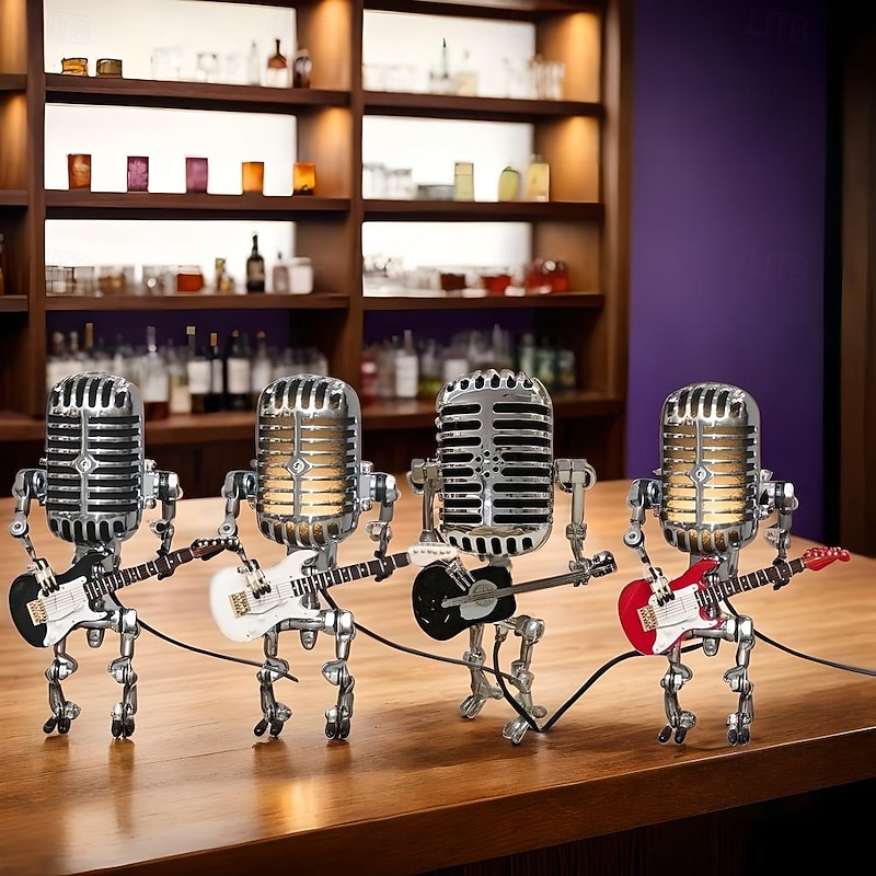 USB Wrought Iron Retro Desk Lamp, Robot Microphone Playing Guitar Decoration