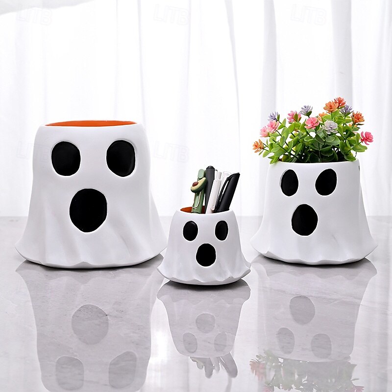 Halloween Cute Cute Ghost Decoration Candy Bucket, Home and Garden Planter, Desk Decor, Halloween Atmosphere Pen Holder, Storage Craft Ornament