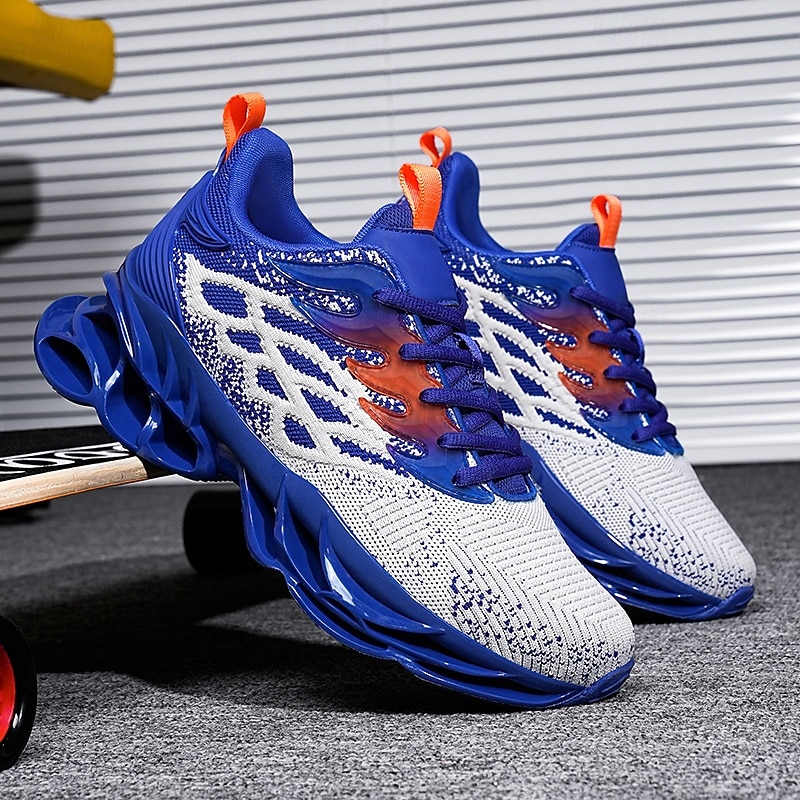 Men's Blue Athletic Sneakers with Unique Hollow Sole Design, Breathable Knit Upper, and Flame Detail – Lightweight Running Shoes with Orange Accents3