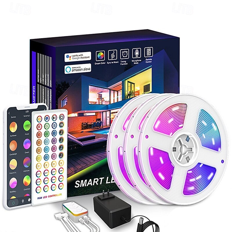 RGB Strip Lights Tuya Wifi Smart 5050 Bluetooth Voice Music Control 40 Key Remote APP Control Alexa for Living Room Bedroom Decoration 5M/10M/15M/20M2