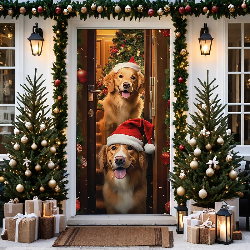 Christmas Door Decorations Door Covers Xmas Dogs Door Tapestry Door Curtain Decoration Backdrop Door Banner for Front Door Farmhouse Holiday Party Decor Supplies Indoor/Outdoor