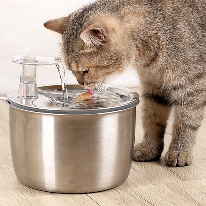 Dog Cat Pets Automatic Drinking Bowl 2.4 L Stainless steel Durable Easy to Install Fountain Solid Colored Silver Bowls & Feeding Home