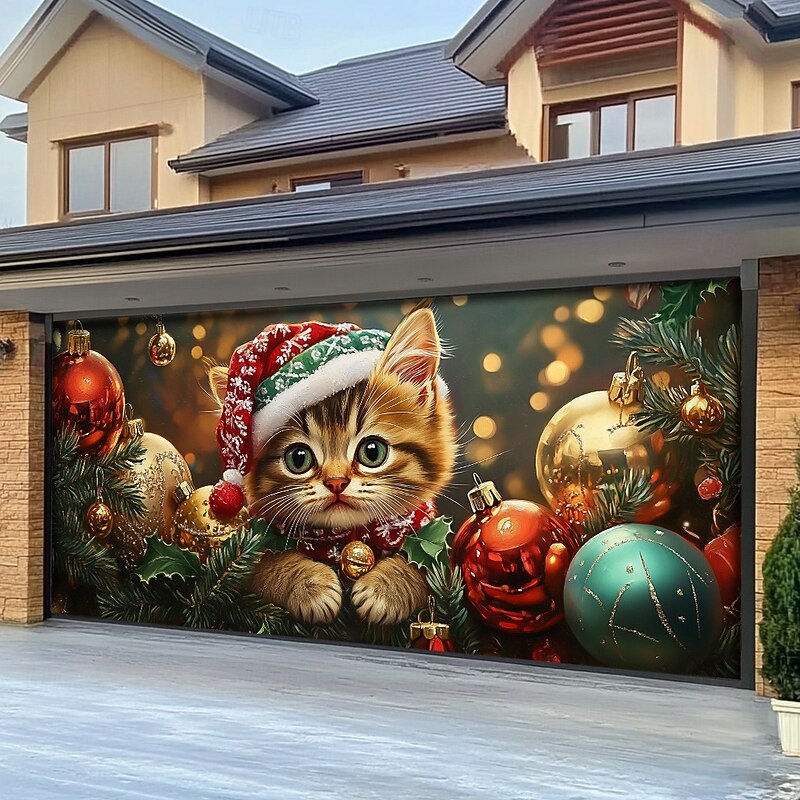 Christmas Outdoor Garage Door Cover Xmas Banner Cat Ornaments Large Christmas Backdrop Decoration for Holiday Outdoor Garage Door Home Wall Decorations3