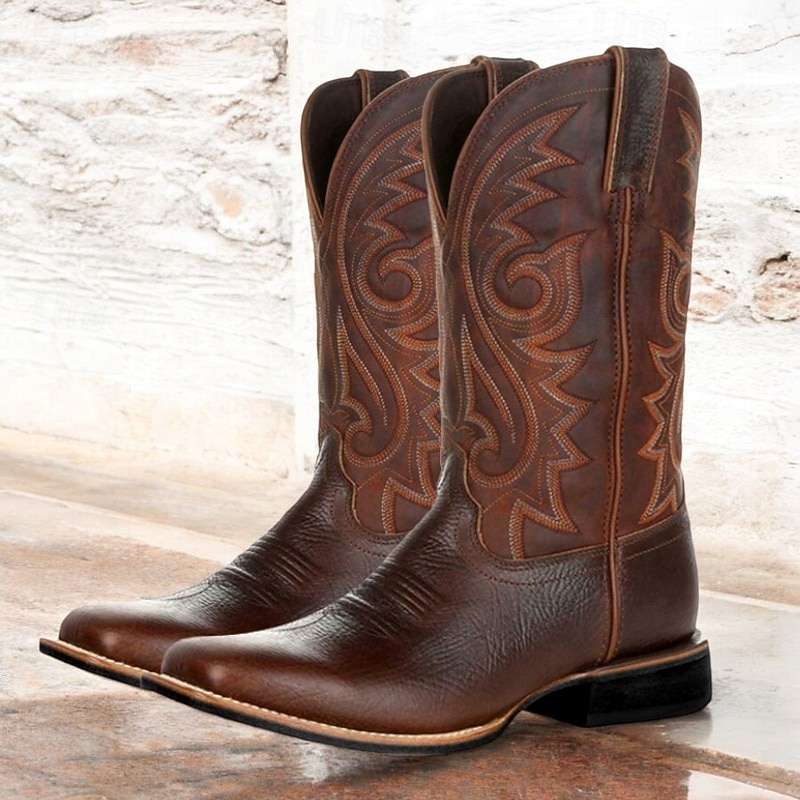 Men's Brown Embroidered Faux Leather Western Cowboy Boots - Classic Durable Square Toe Rodeo Style for Ranch and Outdoor Wear