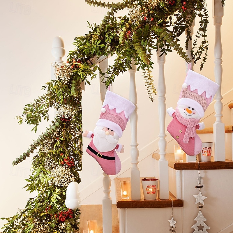 Christmas Pink Stockings for Nordic Decor, Festive Santa and Snowman Xmas Gift Bags, Holiday Pink Stocking Decorations and Gift Holders3