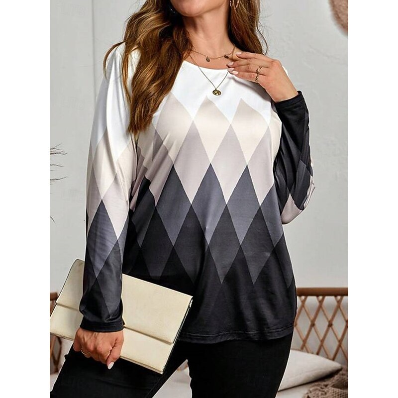 Women's Plus Size Tops T shirt Tee Geometry Print Long Sleeve Crew Neck Casual Daily Fall Winter Gray3