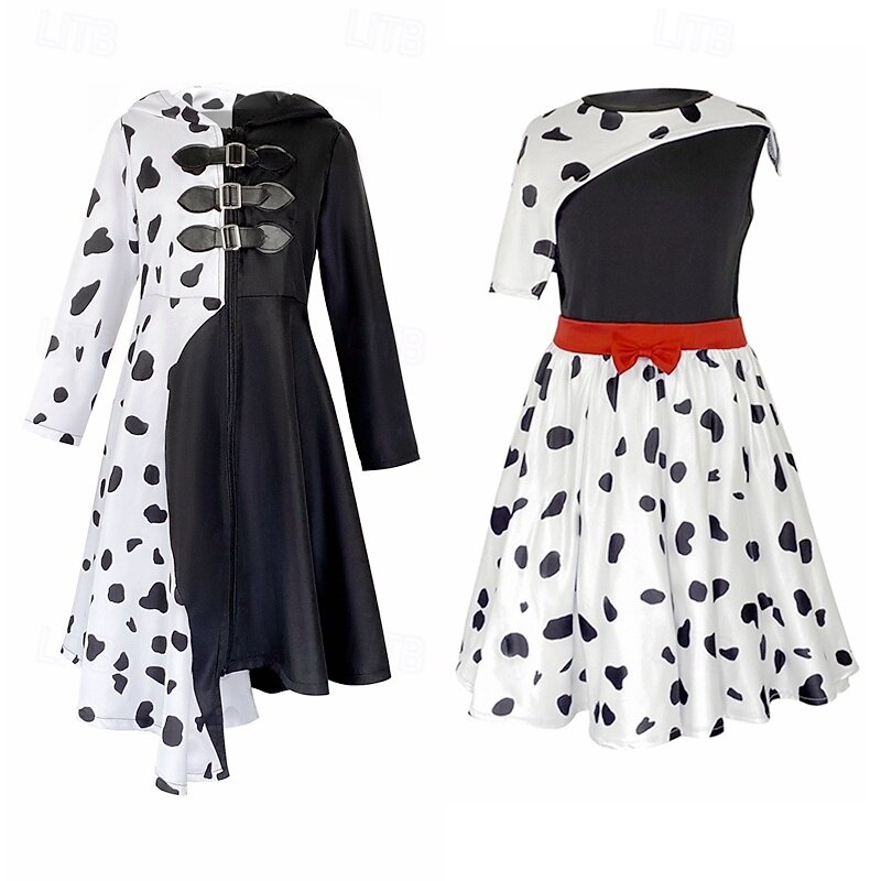 One Hundred and One Dalmatians Cruella De Vil Dress Masquerade Cosplay Costume Dress Up Movie Cosplay for Girls' Kid's Masquerade Party & Evening