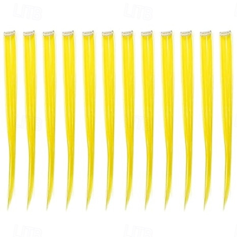 12 Pcs Straight One Color Party Highlights Clip on in Hair Extensions Colored Hair Streak Synthetic Hairpieces