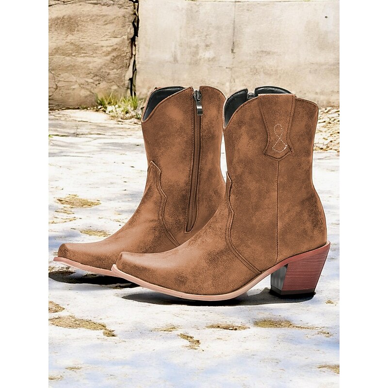 Women's Distressed Green Western Cowboy Boots with Zipper Closure – Stylish Mid-Heel Ankle Boots for Outdoor and Casual Wear2