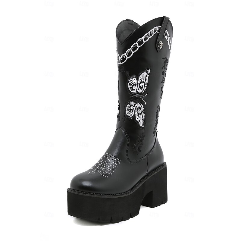 Women's Black Platform Western Cowboy Boots – Embroidered Butterfly Design with Chunky Heel and Side Zipper for Vintage and Modern Styling2