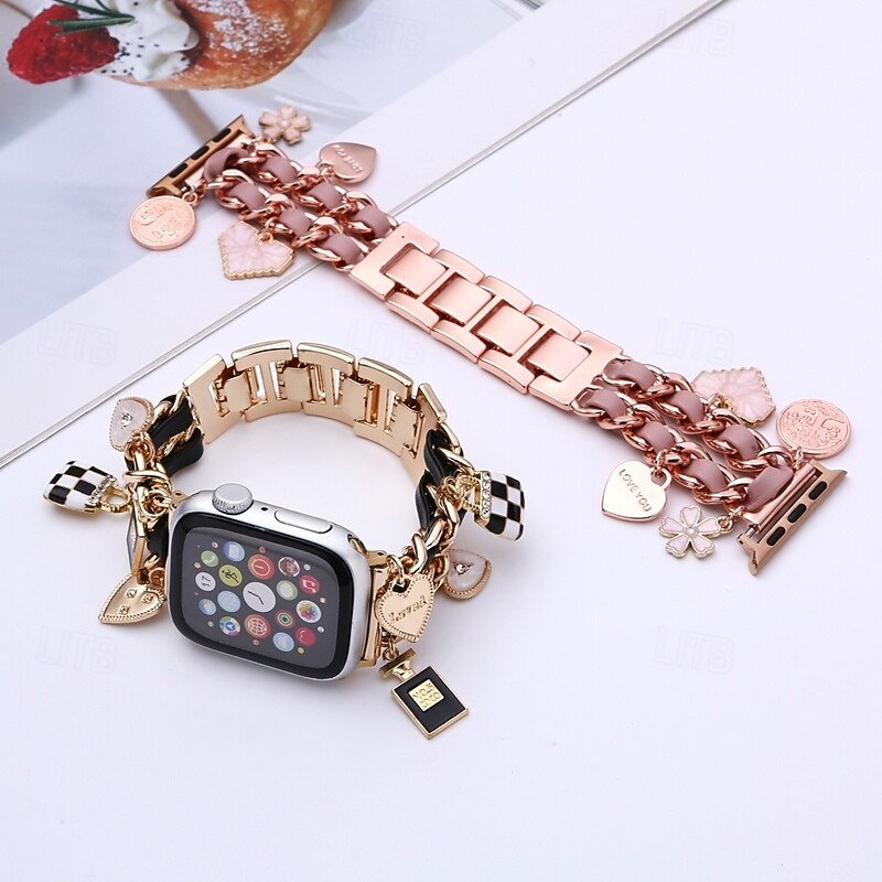 Jewelry Bracelet Compatible with Apple Watch band 38mm 40mm 41mm 42mm 44mm 45mm 49mm Double Chain Luxury Adjustable Alloy Strap Replacement Wristband for iwatch Ultra 2 Series 9 8 7 SE 6 5 4 3 2 1