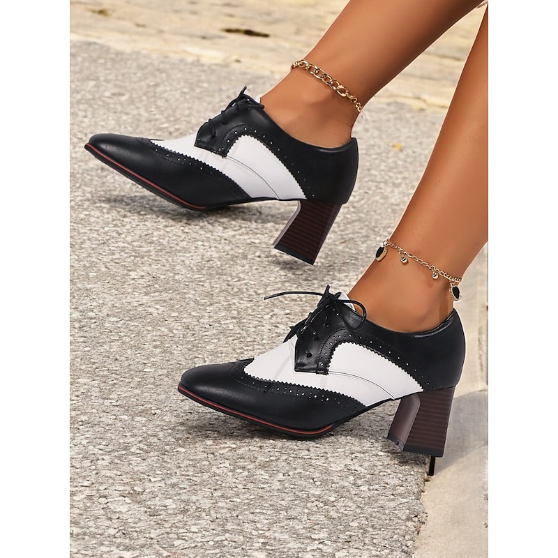 Women's Black and White Vintage Brogue Lace-Up Oxford Heels – Retro Style Formal Shoes for Office and Casual Wear4