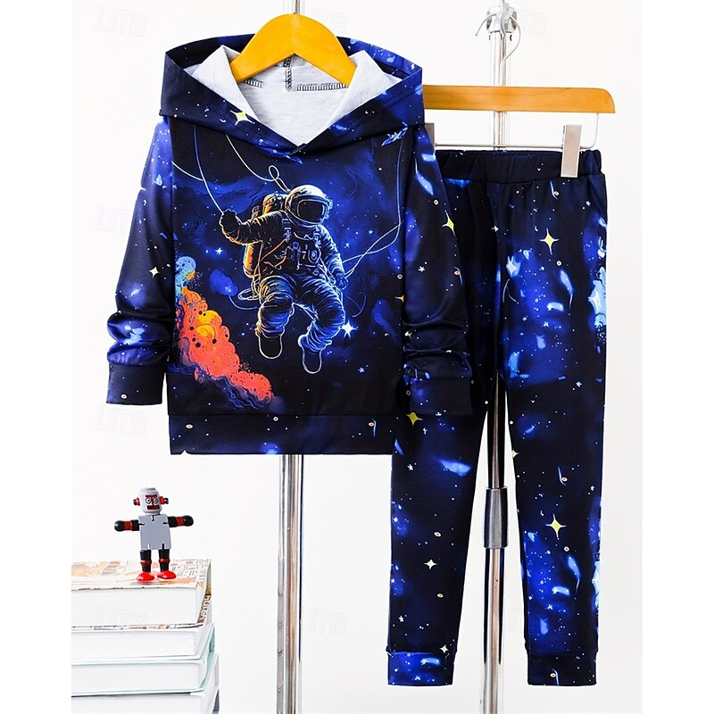 Boys 3D Graphic Astronaut Sports Suit Hoodie Set Tracksuits Long Sleeve Spring Fall Daily Casual Tights Kids 4-12 Years Hooded Outdoor Vacation Sports Tailored Fit