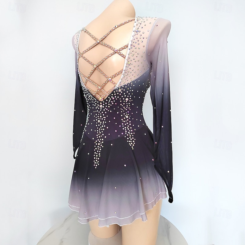 Figure Skating Dress Women's Girls' Ice Skating Dress Dark Purple Patchwork Mesh High Elasticity Training Competition Skating Wear Classic Crystal / Rhinestone Long Sleeve Ice Skating Figure Skating4