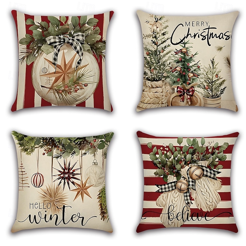 Christmas Decorations Vintage Decorative Toss Pillows Cover 4PC Ornaments Soft Square Cushion Case Pillowcase for Bedroom Livingroom Sofa Couch Chair3
