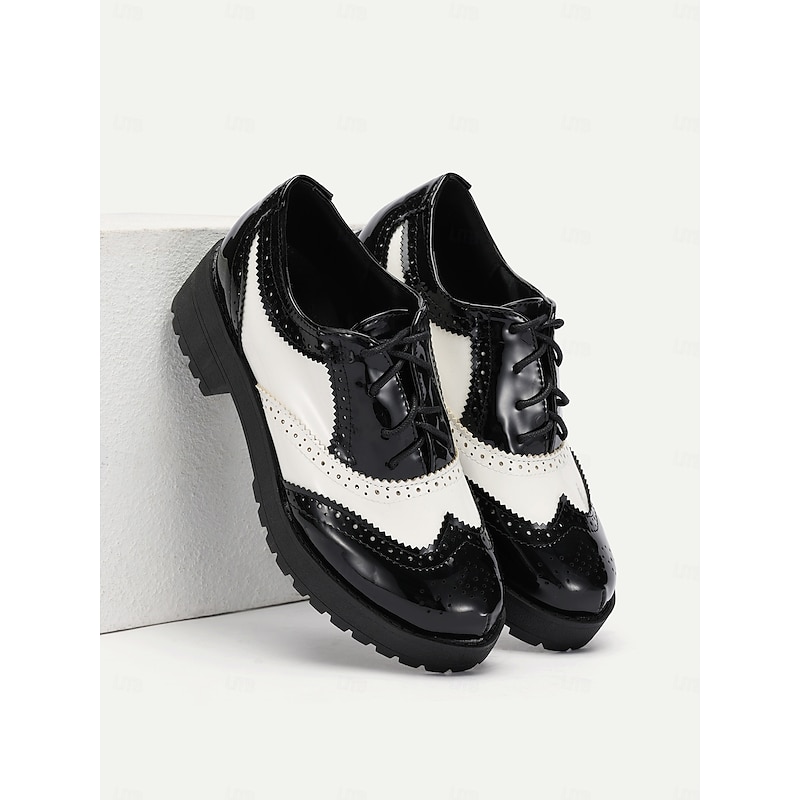 Women's Black and White Brogue Oxford Shoes – Patent Faux Leather Lace-Up, Chunky Sole, Vintage Style for Formal and Casual Wear3
