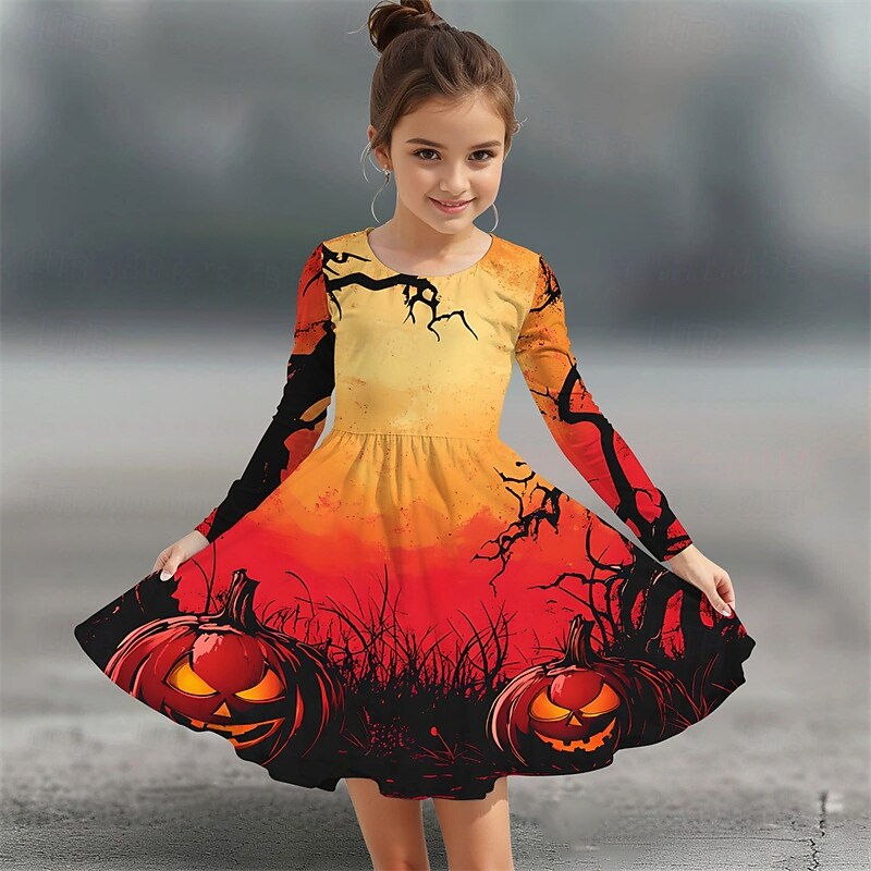 Halloween Girls' 3D Graphic Halloween pumpkin Dress Long Sleeve Summer Spring Daily Holiday Vacation Beautiful Halloween Custome Kids 4-12 Years Casual Dress A Line Dress Knee-length Polyester