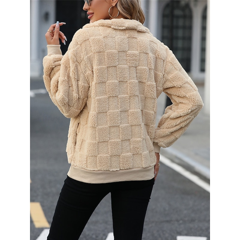 Women's Sweatshirt Casual Sherpa Fleece Plain Street Dailywear Turtleneck Zipper Long Sleeve Beige Fall Winter2