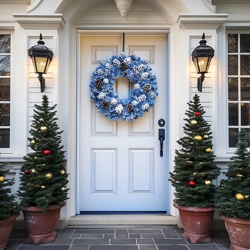 Christmas Door Decorations Door Covers Blue Wreath Xmas Door Tapestry Door Curtain Decoration Backdrop Indoor/Outdoor Door Banner for Front Door Farmhouse