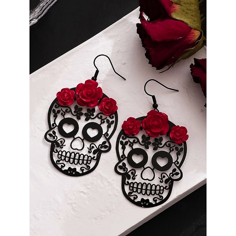 Day of the Dead Skull Earrings with Red Rose Detail – Gothic Halloween Jewelry for Women, Cosplay, and Festivals2