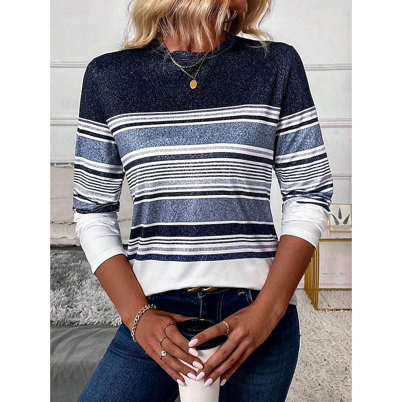 Women's T shirt Long Sleeve Crew Neck Long Sleeve Tunic Striped Casual Regular Tops Daily Print Blue Spring Fall Prefall3