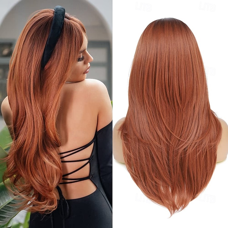 Megan Fox Inspired Wigs Auburn Wigs for Women Layered Wig with Bangs Long Straight Hair Wig Copper Brown Wigs Natural Synthetic Hair Heat Resistant Wigs for Daily Party Cosplay Use2