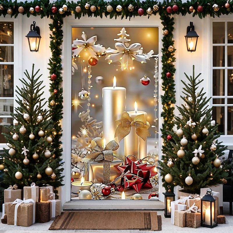 Christmas Door Decorations Door Covers Xmas Candle Gifts Door Tapestry Door Curtain Stained Glass Decoration Backdrop Door Banner for Front Door Farmhouse Holiday Party Decor Supplies Indoor/Outdoor