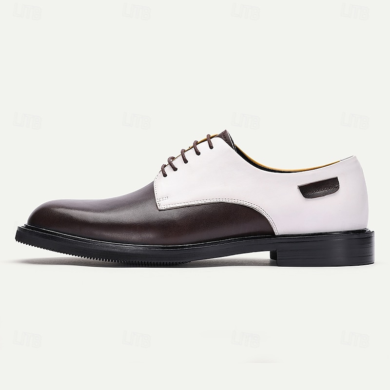 Men's Tri-Color Leather Oxford Shoes, Brown, White, and Yellow Lace-Up Dress Shoes, Perfect for Formal Events and Stylish Business Attire4