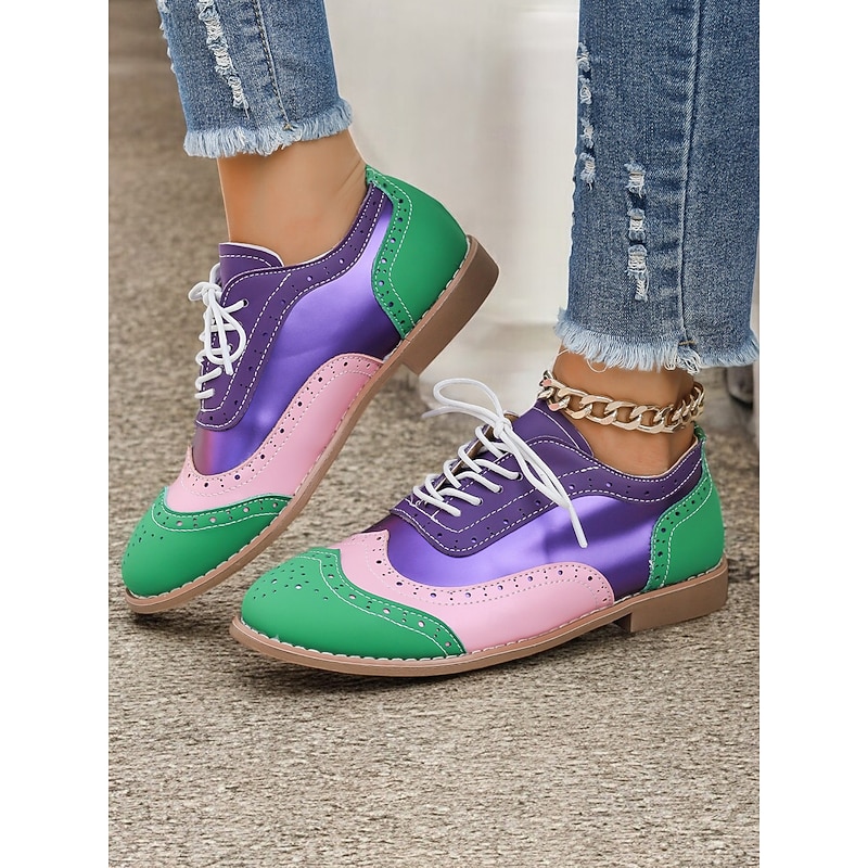 Women's Multicolor Oxford Shoes, Retro Wingtip Design with Green, Pink, and Purple Panels, Casual Lace-Up Brogues for Fashion and Daily Wear4