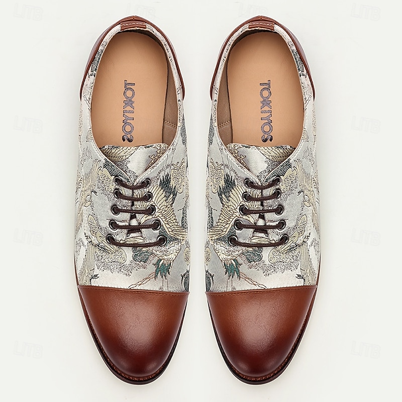 Men's Faux Leather and Jacquard Oxford Shoes - Vintage Lace-Up Dress Shoes with Crane Print for Formal and Casual Wear4