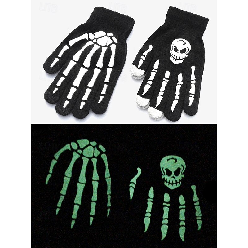 Glow-in-the-Dark Skeleton Gloves – Halloween Skull Print, Touchscreen Compatible Gloves for Cosplay & Costume Parties2