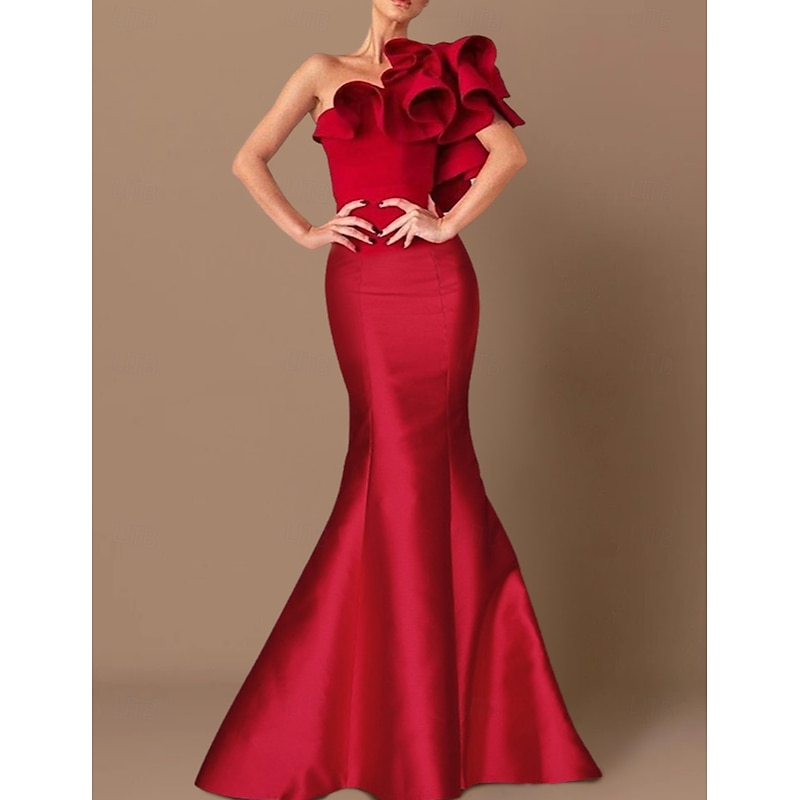 Mermaid Evening Gown Corsets Dress Formal Wedding Guest Floor Length Sleeveless One Shoulder Taffeta with Ruffles Shouder Flower Masquerade Dress