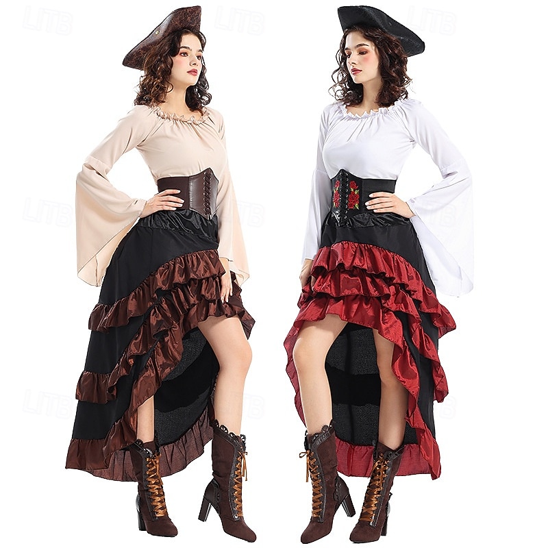 Retro Vintage Medieval Renaissance Outfits Pirate Viking Fancy Dress Women's Pirate Fantasy Steampunk Halloween Carnival Party LARP Ren Faire Adults' Top Skirt Hat3