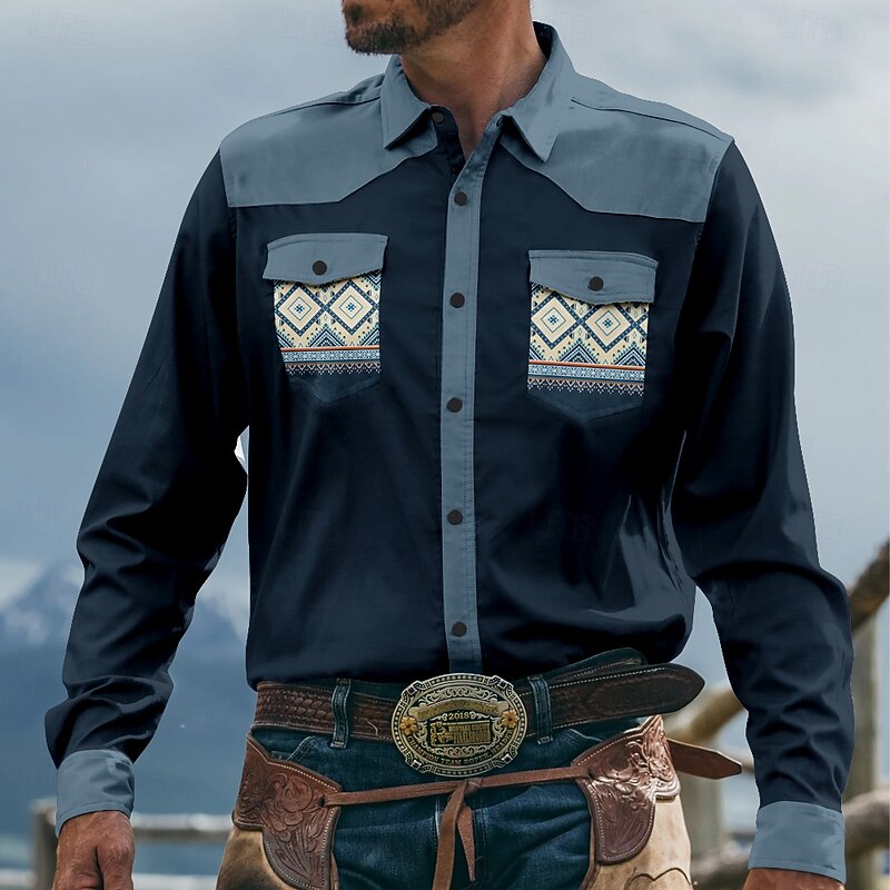Men's Cowboy Western Shirt Button Up Shirt Cowboy Shirt Long Sleeve Vintage Western Daily Holiday Spring Fall Winter Turndown Collared Shirts 3D Print Light Blue Dark Blue2