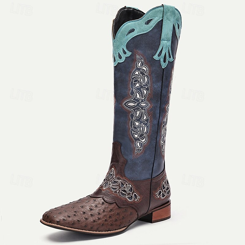 Men's Vintage Western Cowboy Boots with Intricate Embroidery and Ostrich Print - Stylish Mid-Calf Design for Rodeo, Festivals, and Casual Wear4