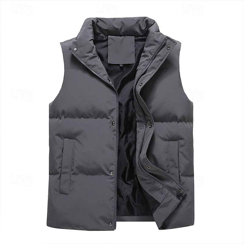 Men's Puffer Vest Daily Casual Fall & Winter Pocket Polyester Comfortable Plain Zipper Stand Collar Black Pink Blue Khaki Vest