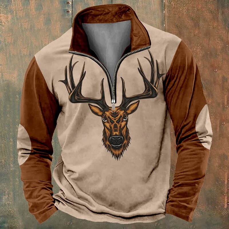 Men's Hunting Deer Sweatshirts Quarter Zip Sweatshirt Long Sleeve Sweatshirt Stand Collar Quarter Zip Ethnic Vintage Retro 3D Printing Hunting Winter Spring &  Fall2