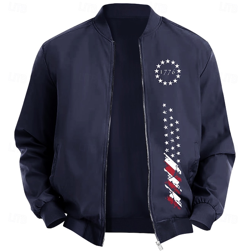 Men's American US Flag Stars Bomber Jacket Coat Casual Sports Outdoor Daily Wear Side Pockets Zip Front Graphic Fall Winter Standing Collar Long Sleeve Black Red Army Green3