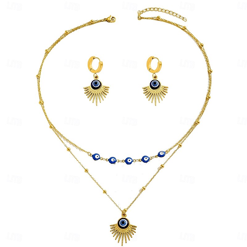 Gold Evil Eye Jewelry Set for Women – Sunburst Necklace and Hoop Earrings with Blue Beads, Boho Style Protection Amulet for Everyday Wear and Special Occasions4