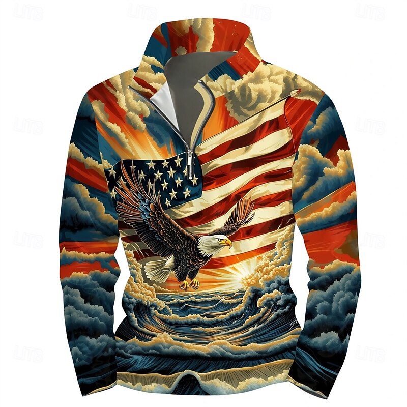 Men's Graphic American Flag Hoodies Daily Casual Long Sleeve Stand Collar Vacation Going out Streetwear Blue Print Fall Spring &  Fall Designer