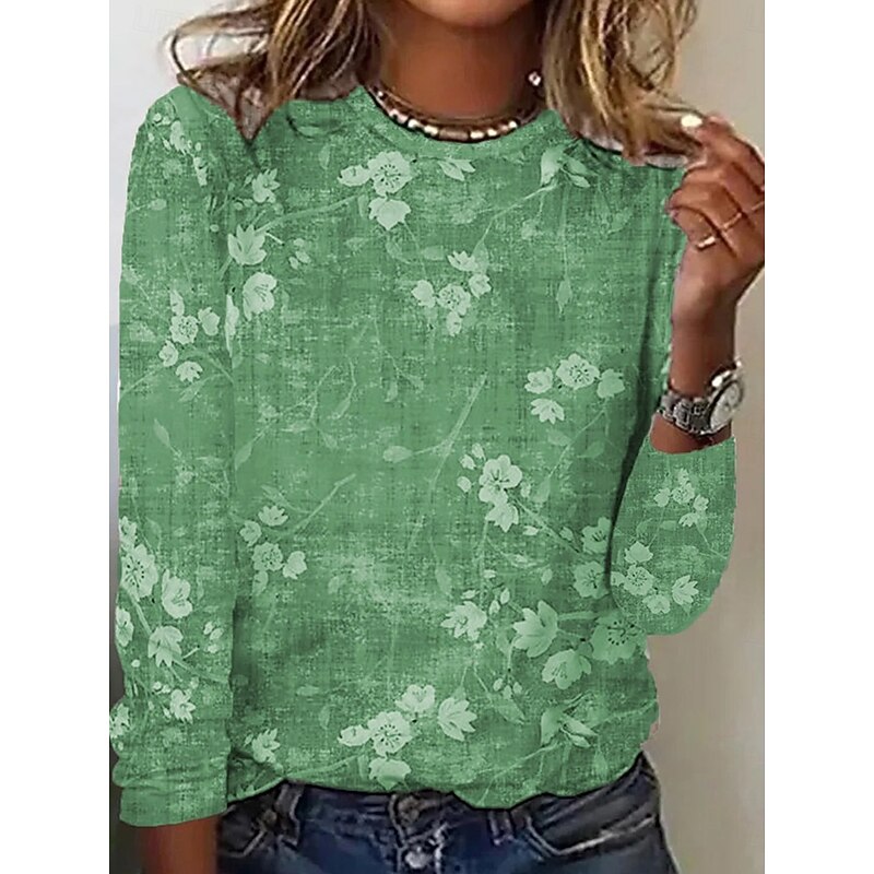 Women's T shirt Long Sleeve Casual Print Regular Tops Daily Blue Green Khaki Spring Fall Prefall3