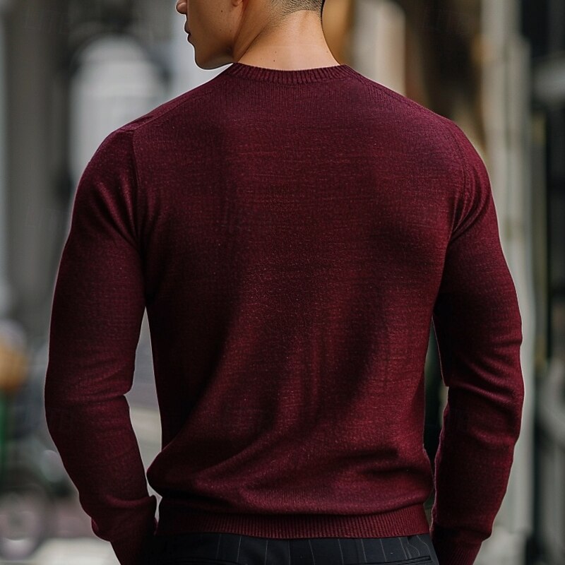 Men's Pullover Sweater Jumper Knit Solid Color Crew Neck Knitwear Elegant Christmas Outdoor Clothing Apparel Fall Winter Wine Red Dark Green S M L3