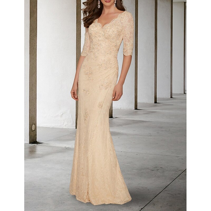 Mermaid Mother of the Bride Dress Wedding Guest Plus Size Sexy V Neck Sweep / Brush Train Chiffon Lace Half Sleeve with Lace Appliques2