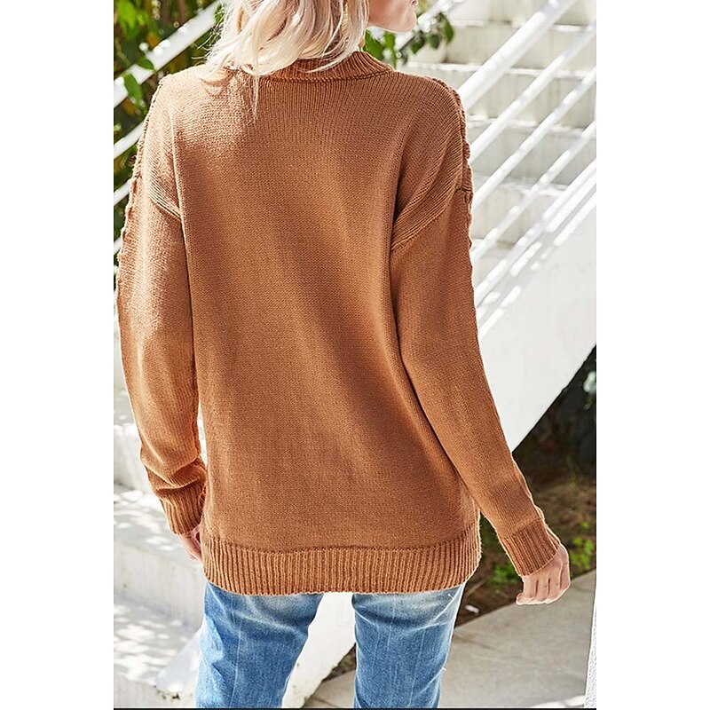 Women's Sweater Daily Casual Solid Color Crew Neck Knitted Textured Long Sleeve Long Tops Knit Home Work Weekend Red Brown Fall Winter2