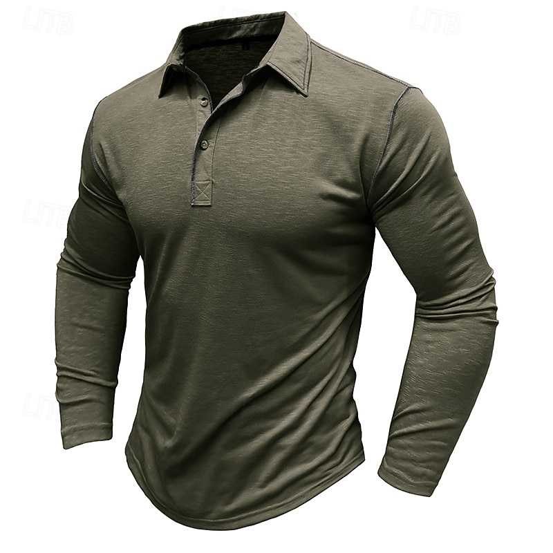 Men's Polo Shirt Golf Shirt Casual Sports Lapel Long Sleeve Fashion Basic Plain Button Pocket Spring &  Fall Regular Fit White Yellow Army Green Blue Light Grey Polo Shirt3